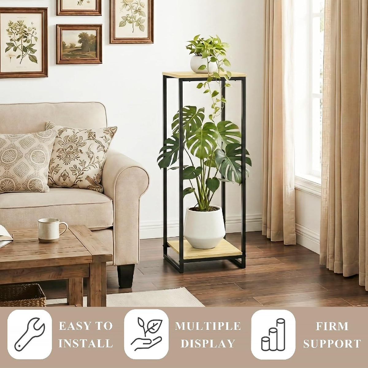 34" Tall 2-Tier Corner Plant Stand Indoor, Light Oak