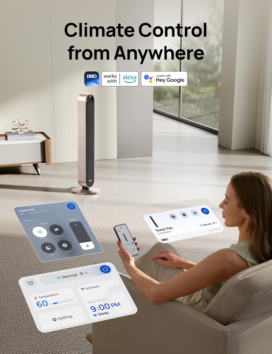 DREO Smart Tower Fan Voice Control, 120° Oscillating Fan Works with Alexa/Google/App/Remote, 42 Inch, 20dB Quiet DC Bladeless Fan for Bedroom,12 Speeds, Floor Fan for Home, Office