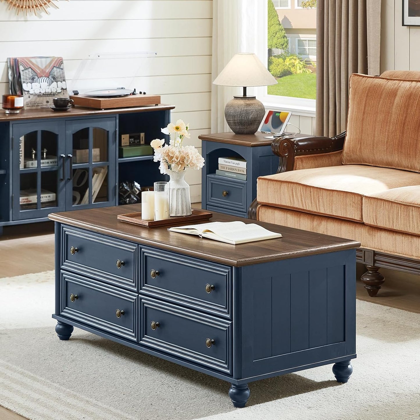 RWYHG 48" Farmhouse Blue Coffee Table, Center Table with 4 Drawers | High Capacity Hidden Storage, Smooth Roman Column Handles & Drawers, Solid Wood Sturdy Curved Legs, for Living Room,Office