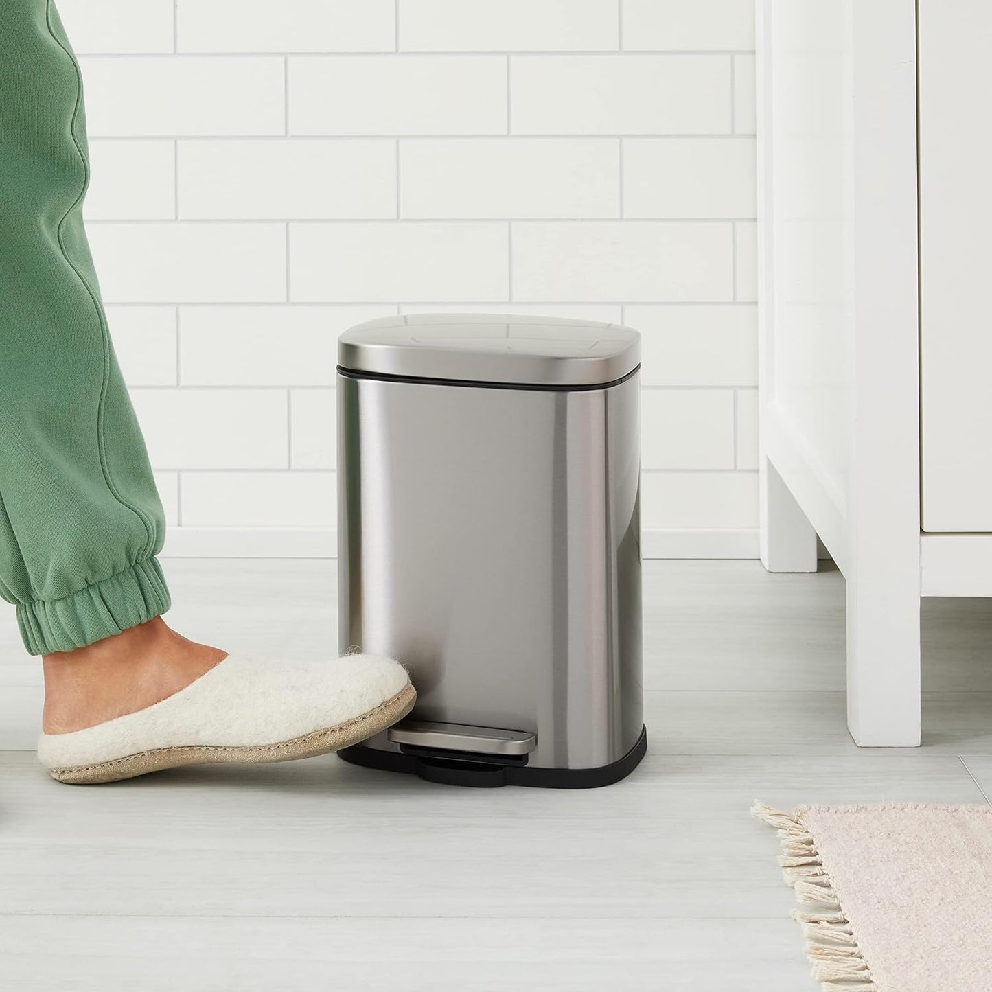 Amazon Basics MINI Trash Can, 1.32 Gallon (5L) Smudge Resistant Rectangular Bin with Soft-Close Lid, Step Foot Pedal, Removable Inner Bucket, Brushed Stainless Steel, for Bathroom, Satin Nickel Finish