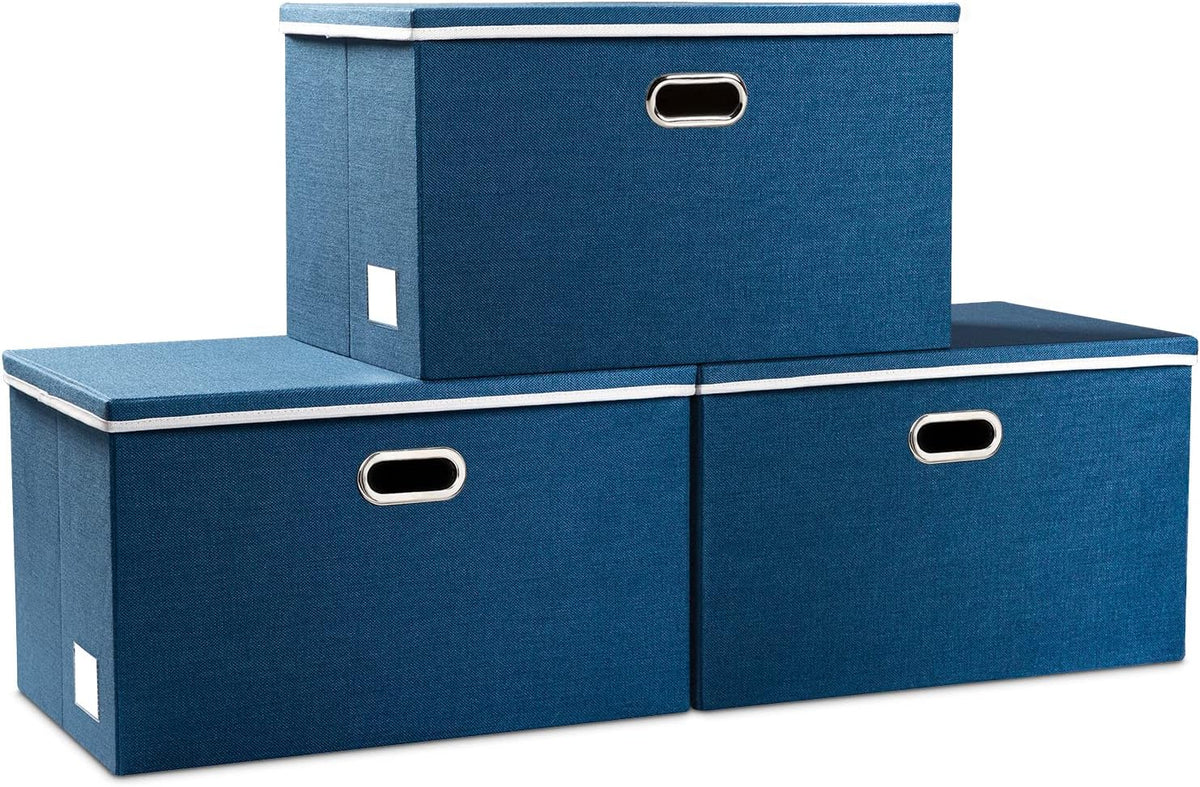 PRANDOM Large Collapsible Storage Bins with Lids [3-Pack] Fabric Foldable Storage Boxes Organizer Containers Baskets Cube with Cover for Home Bedroom Closet Office Beige(17.3x11.8x11.8)