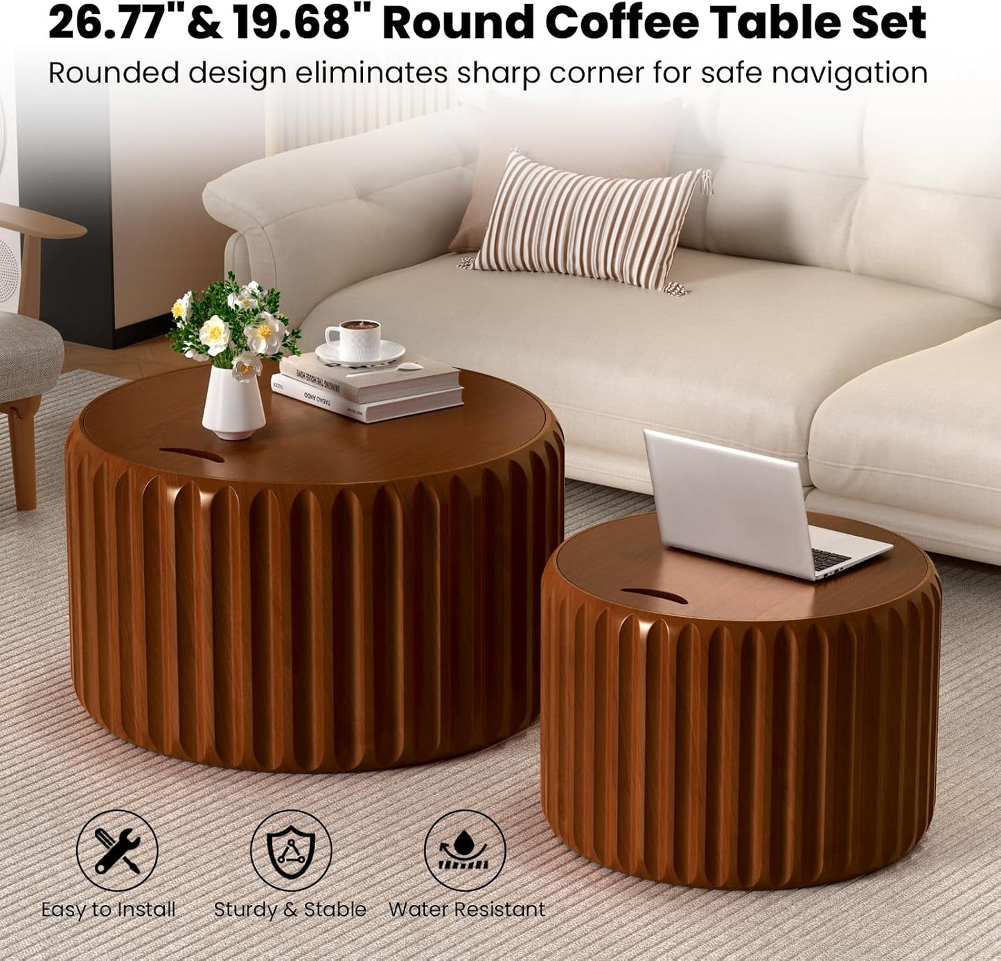 Round Nesting Coffee Table Set of 2 with Storage, No Assembly (Brown) | Wood Fluted Coffee Table Modern Drum Accent Tea Center Table Side End Table for Living Room, Bedroom, Small Space