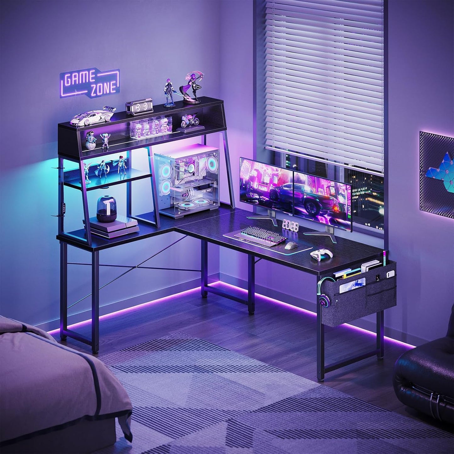 AODK L Shaped Gaming Desk with Led Lights, 51 Inch Reversible Gaming Computer Desk with Display Shelves, PC Gamer Desk Gamer Table with Storage Bag, L Desk for Game, Black