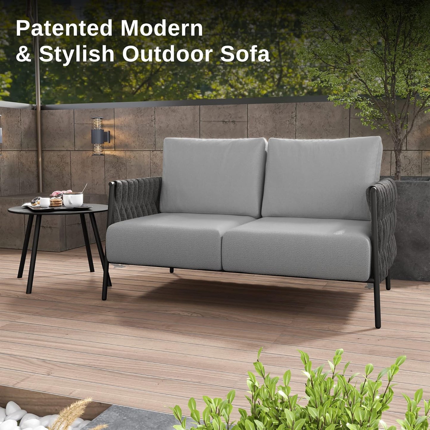 EAST OAK Life Chatter Loveseat, Outdoor Furniture, 2 Seats Sofa with Thick Washable Cushions, Deep Seating for Garden, Porch, Balcony, Backyard, Earth Black & Misty Grey