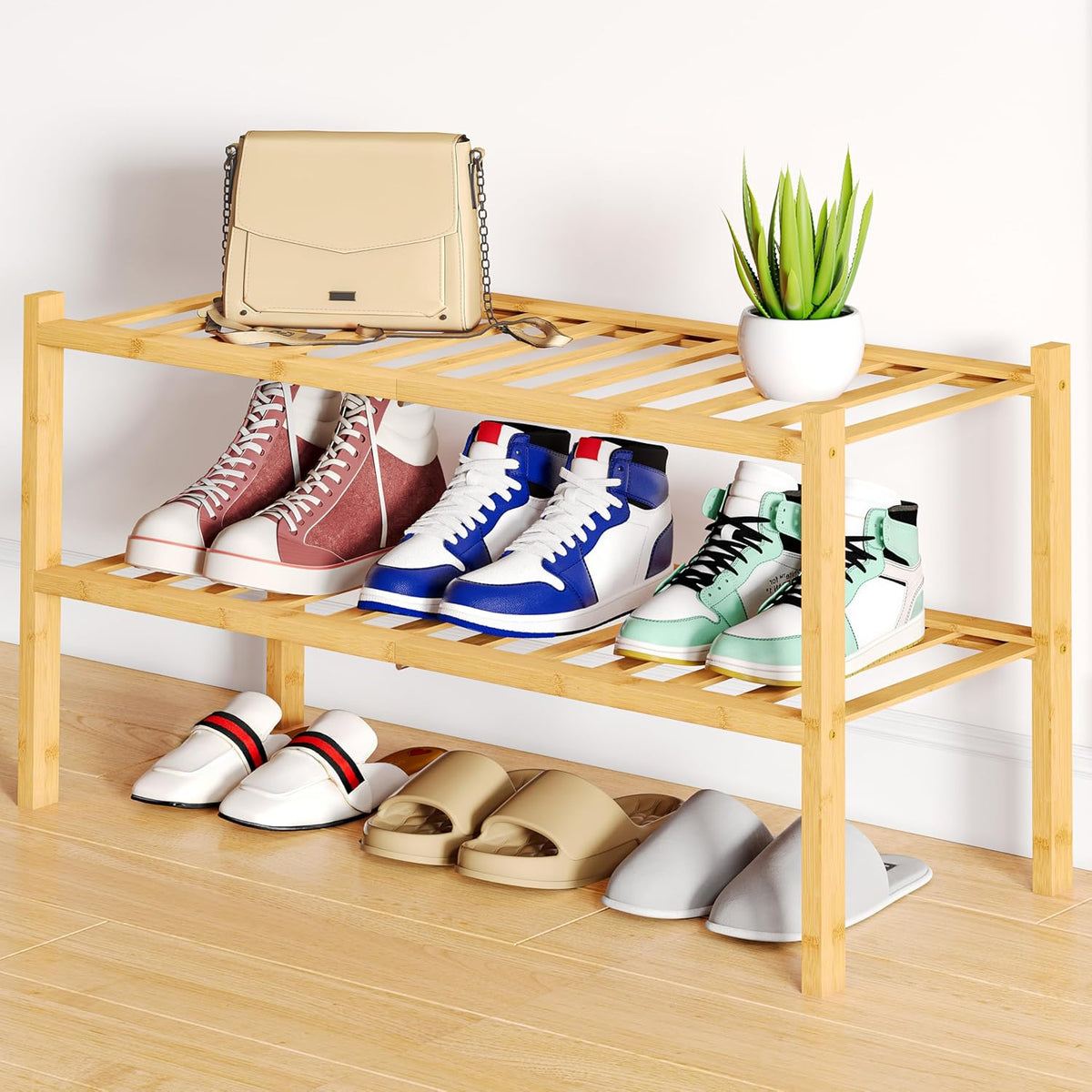 Smiry Bamboo Shoe Rack, 12 Vertical Slats, 2 Tier - 26.8" Wide, Natural