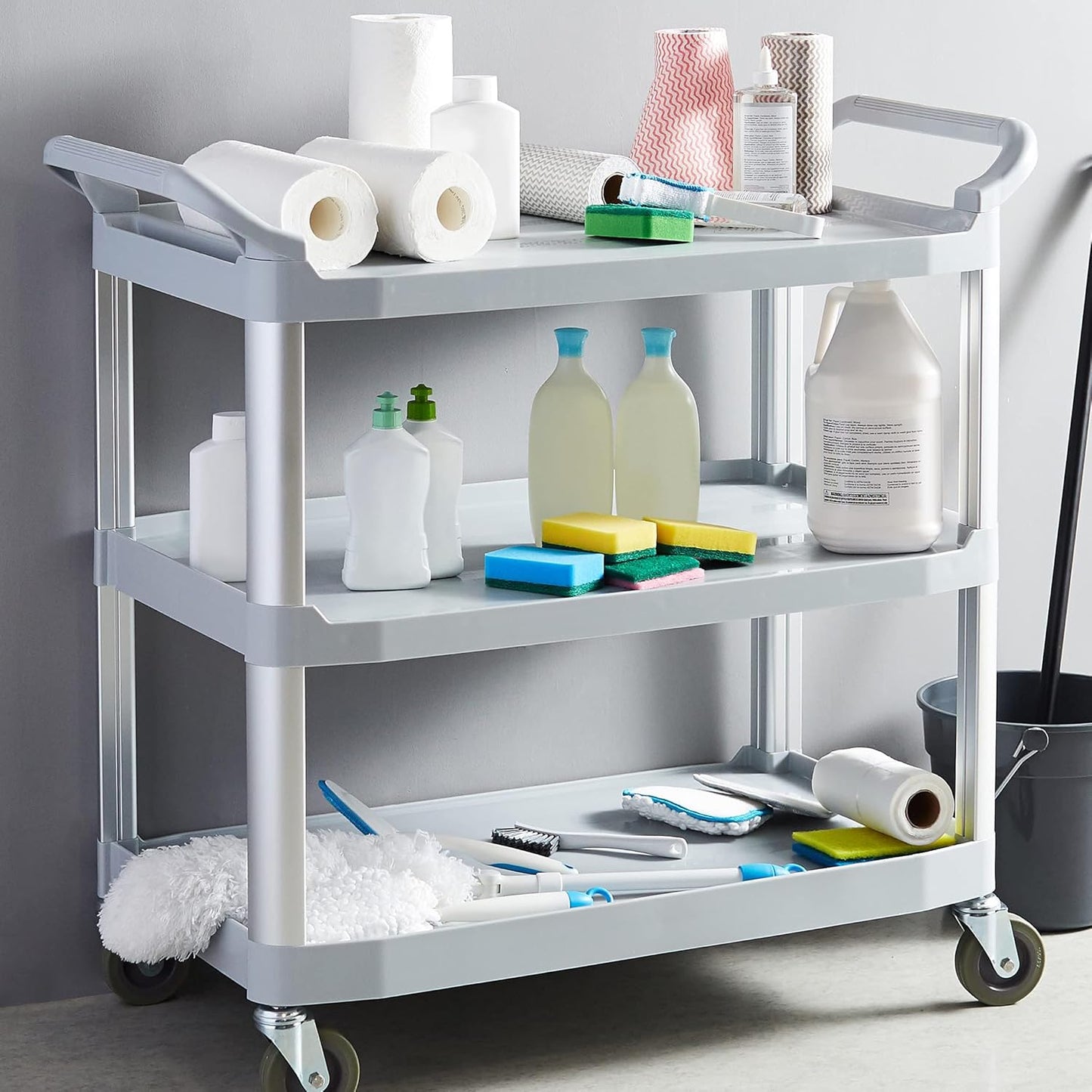 Amazon Basics 3-Tier Rolling Utility Cart with Wheels, Commercial Grade, Storage Cart with 400 lbs Loading Capacity, Portable Mobile Shelving, Gray