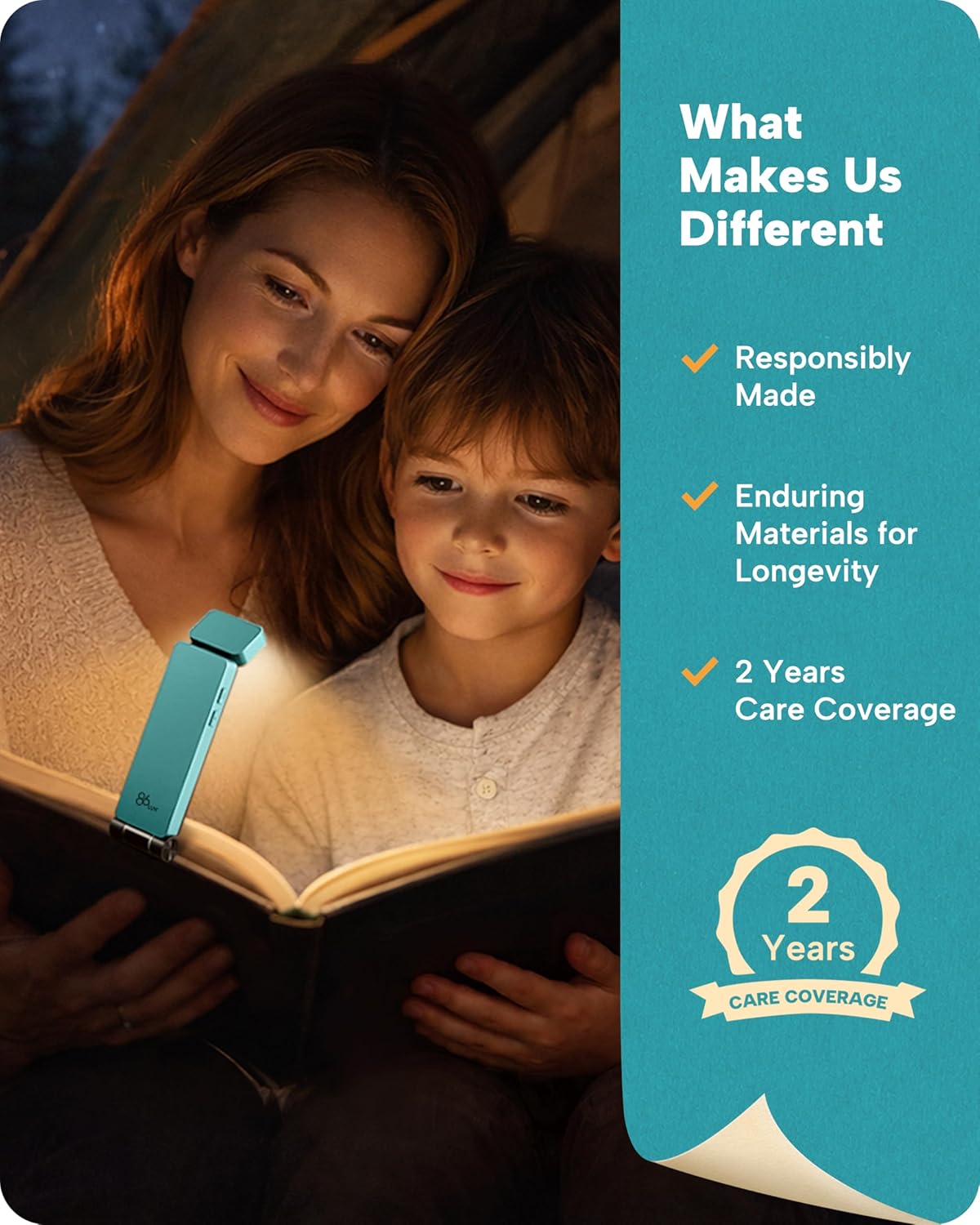 86lux Book Light, Rechargeable Clip-On LED Reading Light for Bed & Night Use - 3 Color Temperatures with Stepless Dimming, Ultralight Bookmark Design for Kids, Book Lovers, Cyan