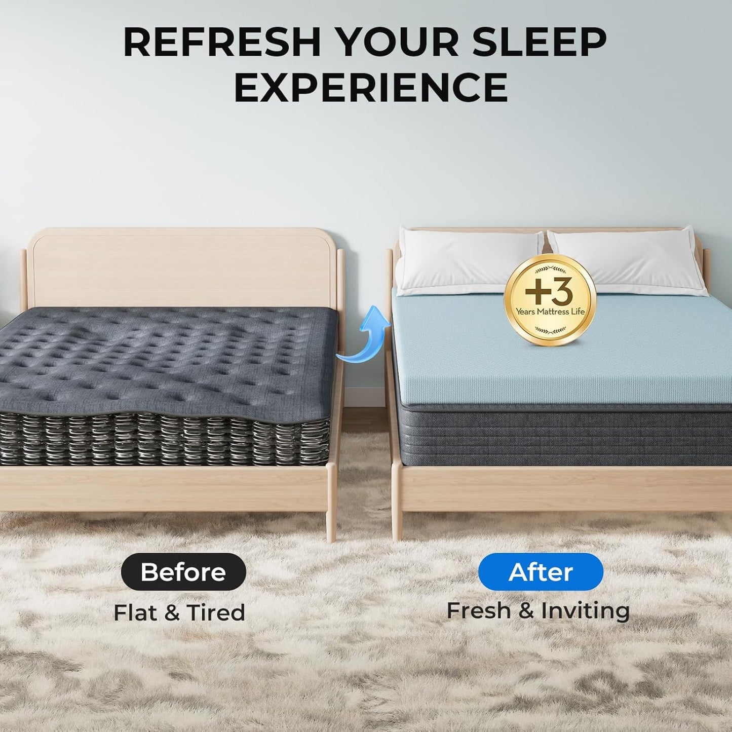 OhGeni 2 Inch Queen Memory Foam Mattress Topper Pad with Cover, Soft Bed Cover with Anti-Slip Base, Enhanced with Cooling Gel，Premium Comfort for Sleep & Back Pain Relief, Removable & Washable