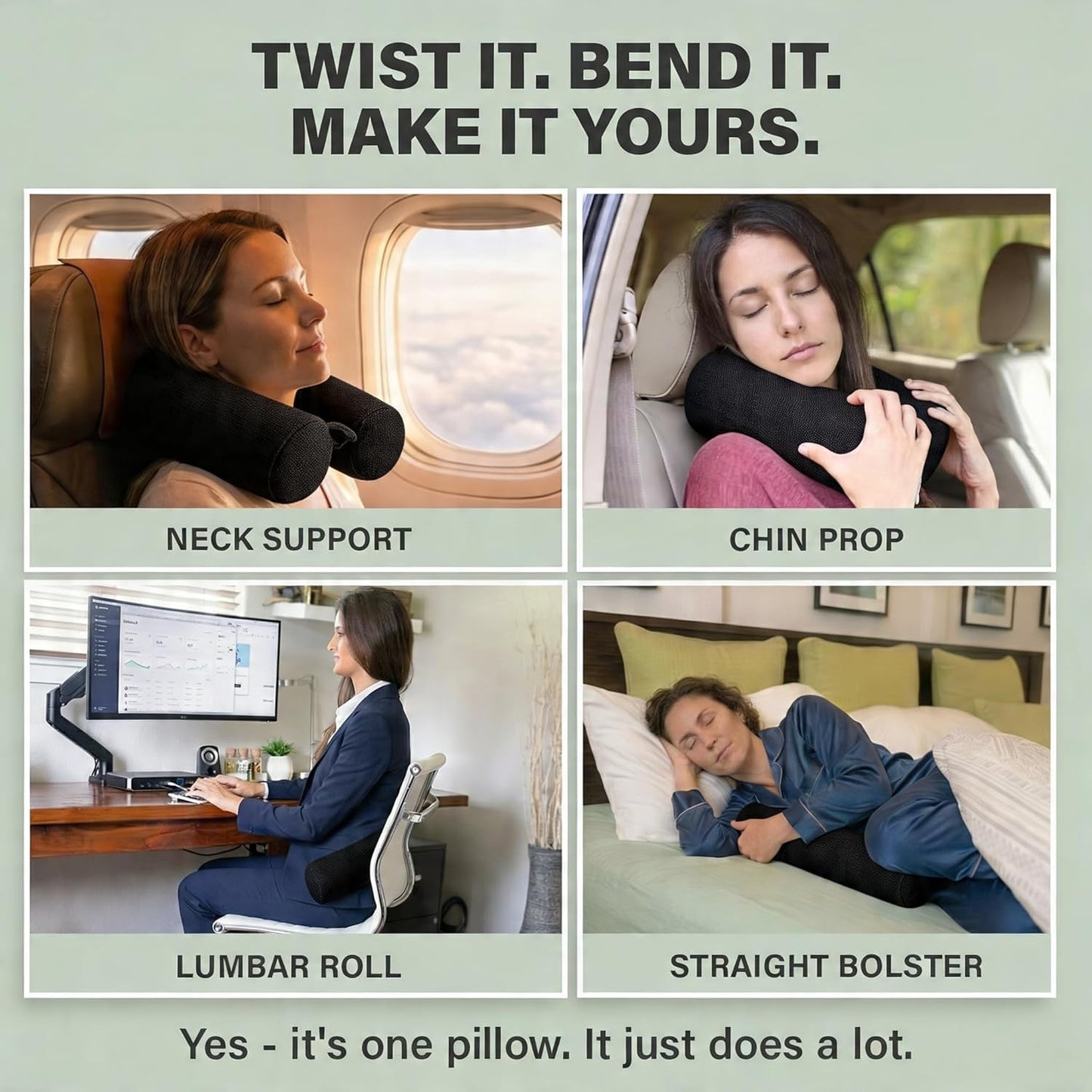 Dot&Dot Twist Memory Foam Travel Pillow for Airplanes - Travel Neck Pillow for Sleeping - Airplane Pillow for Neck Support, Chin, Lumbar and Leg - Adjustable, Bendable Neck Roll Pillow (Onyx)