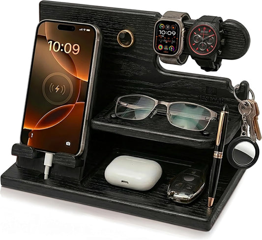 TESLYAR Wood Phone Docking Station for Men - Desk or Nightstand Organizer - Birthday Gifts for Husband, Dad - Anniversary Idea from Wife - Key Holder, Stand Wallet, Watch & Essentials (Granite Black)