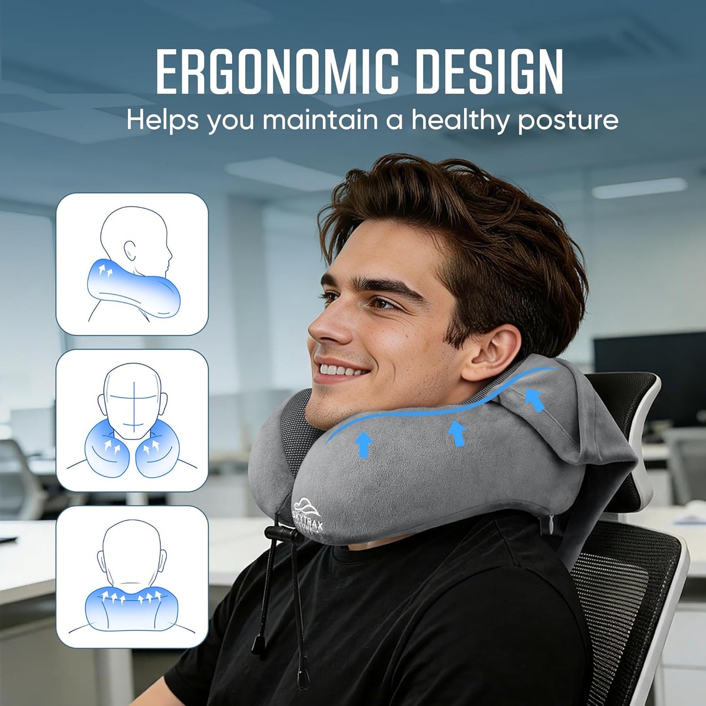 Travel Pillow with Extra Large Hood for Airplane Long Flights Privacy and Comfort Memory Foam with Velvet Cover for Road Trip Head&Neck Support for Plane Office Cars Sleeping & Rest (Light Grey)
