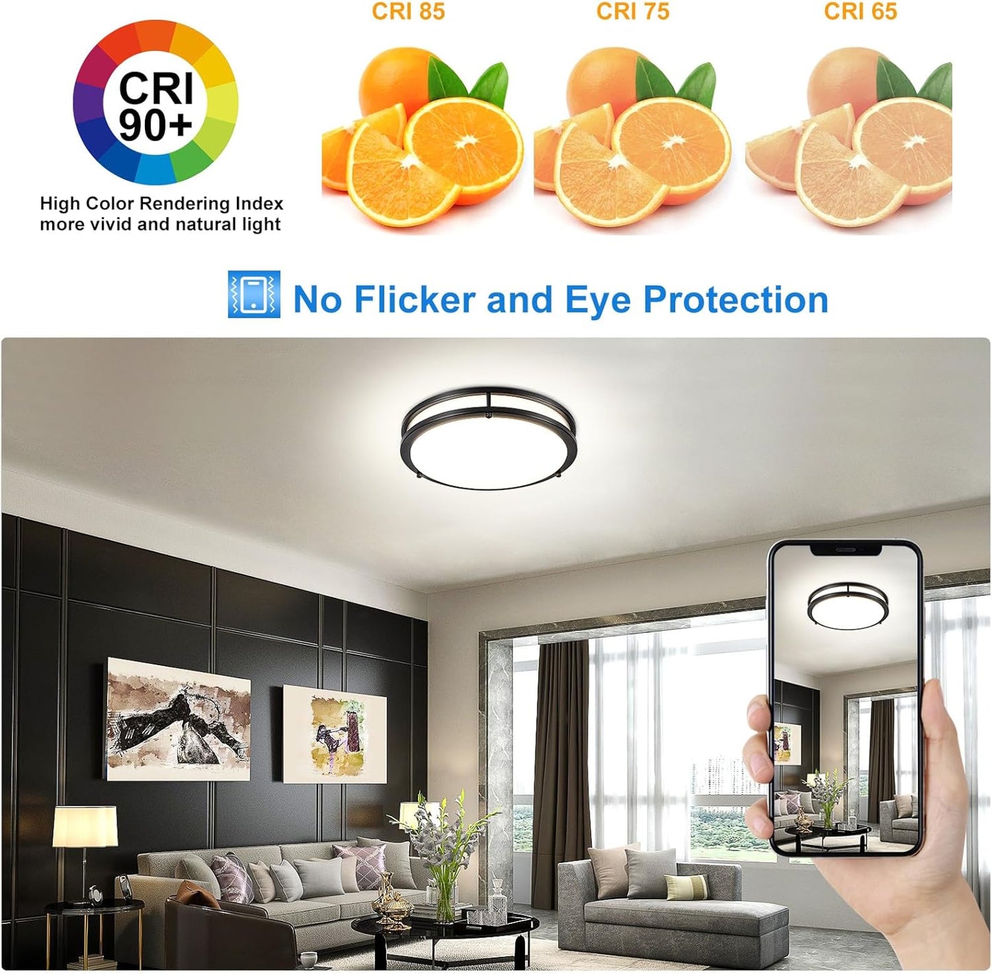 DLLT Flush Mount LED Ceiling Light: 13 Inch 5CCT (3000K-6000K) & Dimmable Ceiling Light Fixtures for Bedroom Hallway - 24W Modern Black Super Bright Kitchen Lighting Fixtures Ceiling