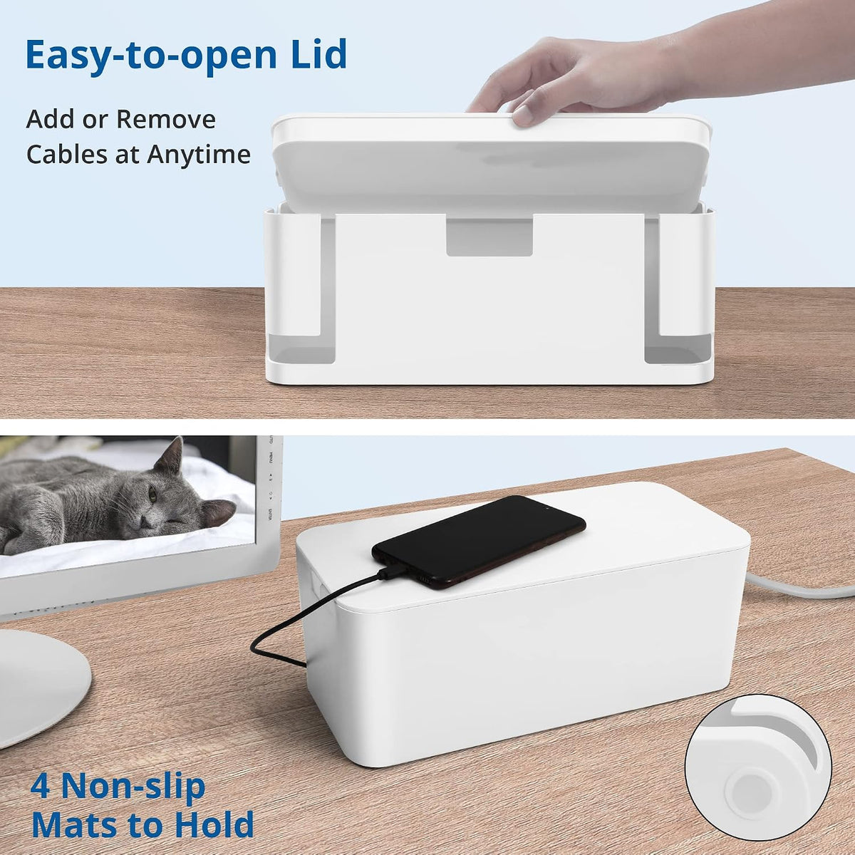 ZhiYo 2 Pack Cable Management Box, Medium & XL, Power Strip Organizer White