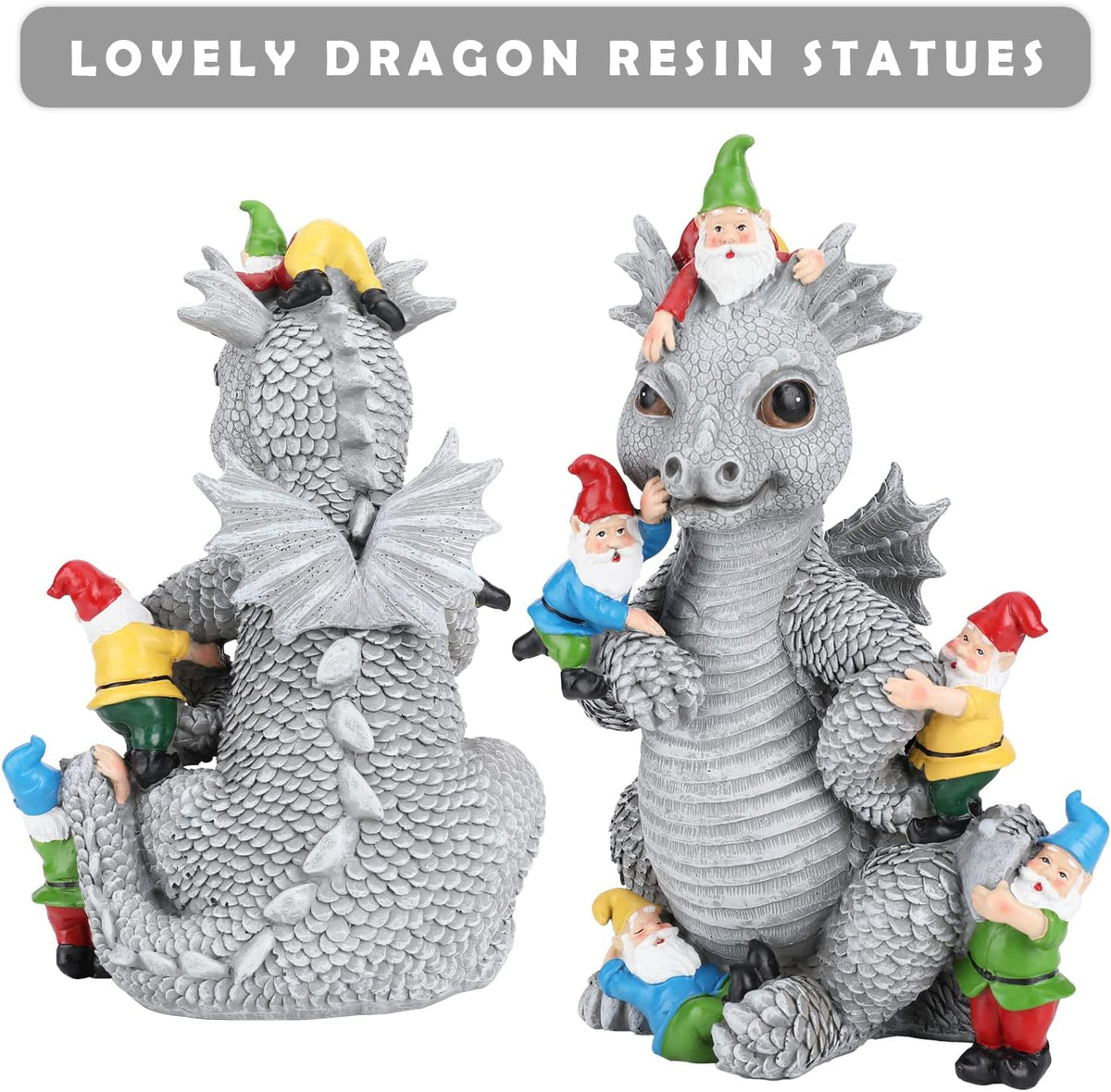 Dragon Garden Statue, Dinosaur Play with Gnomes Garden Statues, Garden Gift