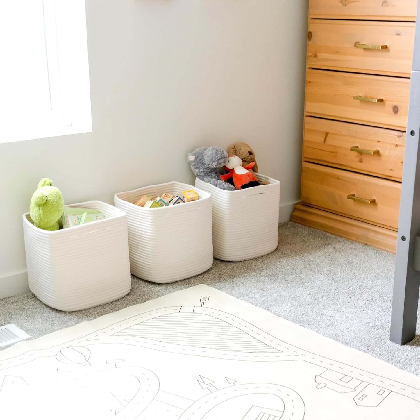 NaturalCozy 13 Inch Cube Storage Bins Cotton Rope Woven Baskets for Organizing 3-Pack | 13 x 13 Storage Cubes | Fabric Square Storage Baskets for Shelves Organizer, Kids Toy Bins, Closet Baby Nursery