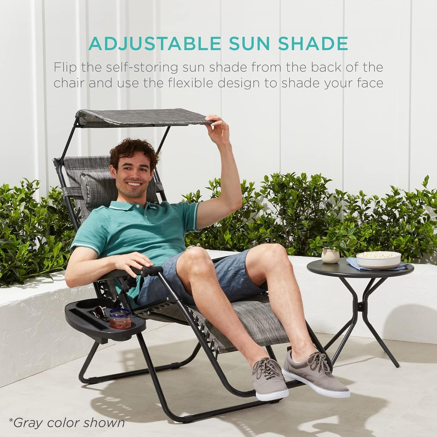Best Choice Products Folding Zero Gravity Outdoor Recliner Patio Lounge Chair w/Adjustable Canopy Shade, Headrest, Side Accessory Tray, Textilene Mesh - Black