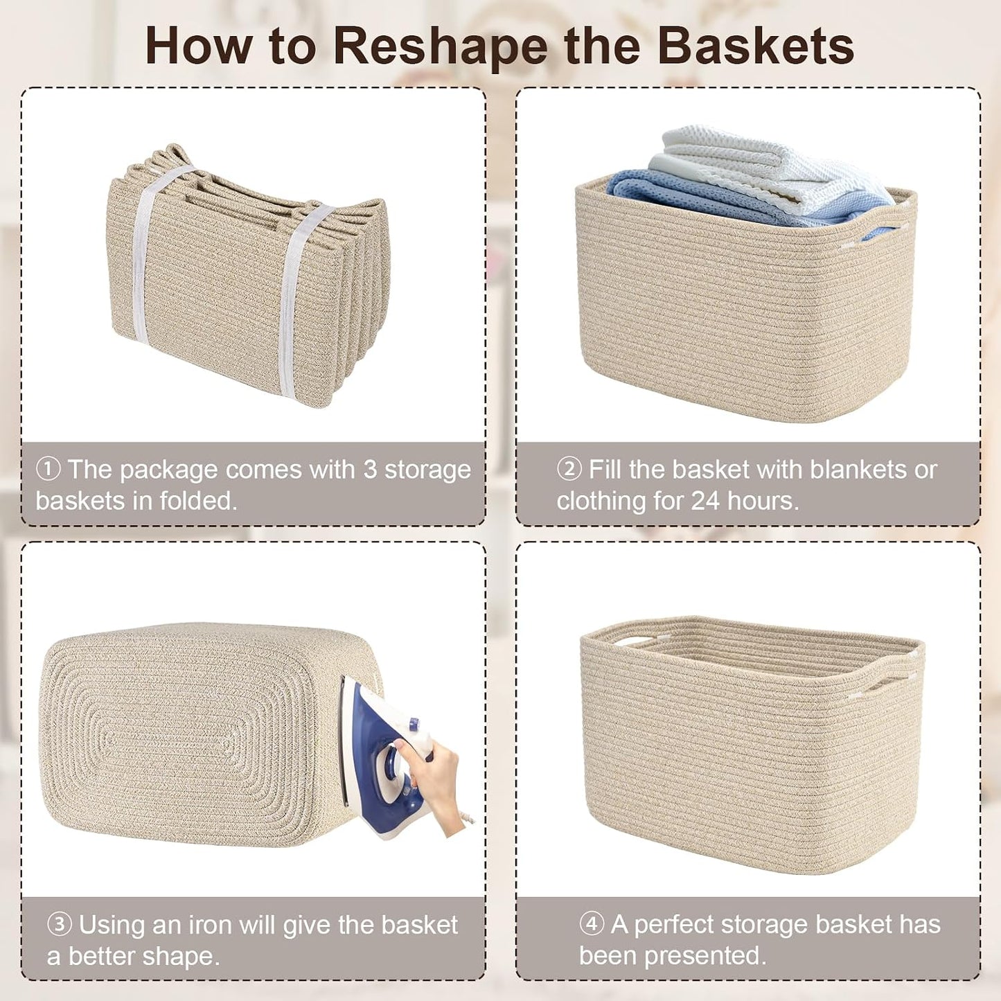 Baskets for Organizing,Storage Baskets,3 Pack Baskets for Shelfves,15"×10"×9" Woven Brown Basket,toy storage bins,bins for organization