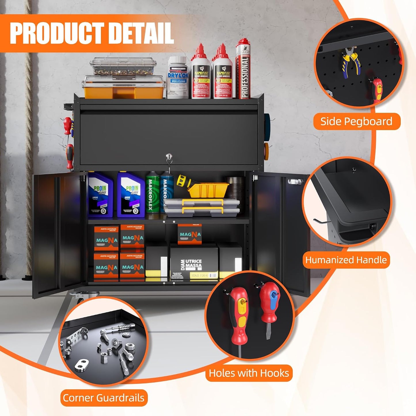 Aobabo Metal Garage Cabinet on Wheels with 1 Drawer,Assembly Required | 18.11"D x 30.31"W x 35.43"H with pegboard, 4 hooks, lockable drawer and doors, adjustable shelf, handle, and 4 casters