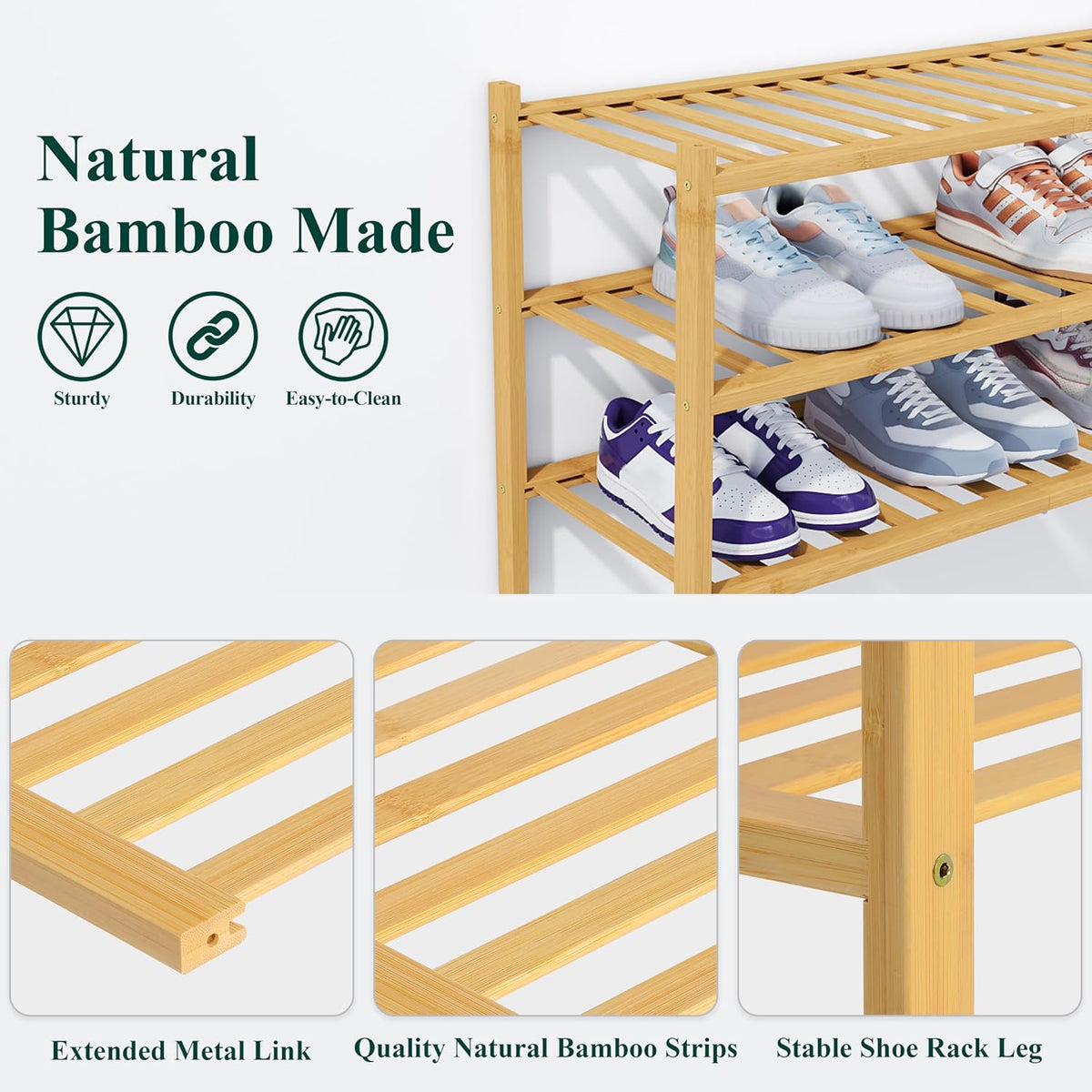 Smiry Bamboo Shoe Rack, 14 Vertical Slats, 4 Tier - 26.8" Wide, Natural