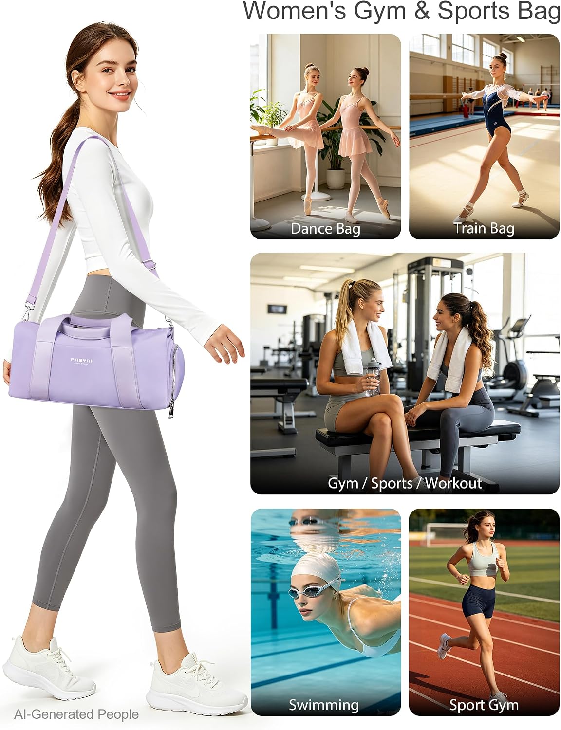 16" Gym Bag for Women,with Shoes Compartment and Waterproof Pocket(Purple)