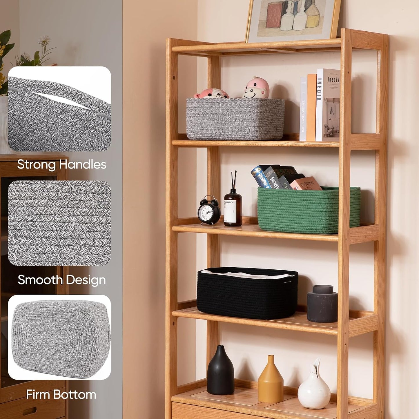 OIAHOMY 4 Pack 14.17 * 11.02 * 6.3IN Storage Baskets for Organizing Shelves, Woven Rope Baskets for Organizing Books, Clothes, Decorative Basket for Living Room, Nursery, Bedroom, Gift Basket, Grey