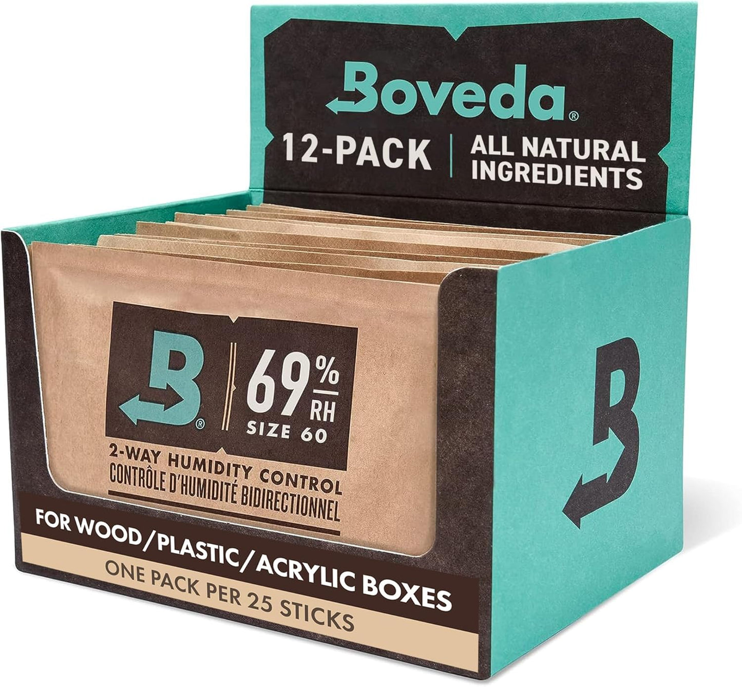 Boveda 69% Two-Way Humidity Control Packs For Plastic, Wood Humidifier Boxes & Resealable bags – Size 60 – 12 Pack – Moisture Absorbers – Humidifier Packs – Individually Wrapped Hydration Packets