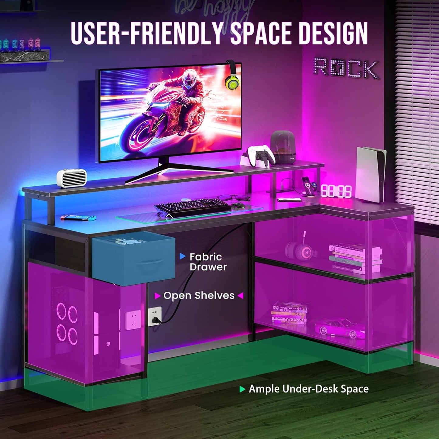 DUMOS 47” Gaming Desk with USB Charging Ports & LED Lights, Reversible L Shaped Desks Computer Corner Gamer Table with Power Outlets Monitor Stand Storage Shelves for Home Office Small Space, Black