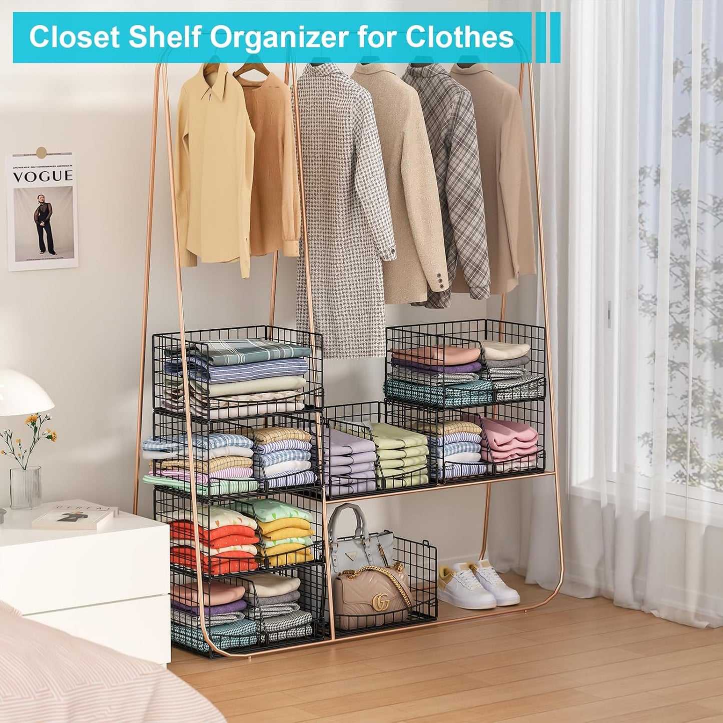 Hongtamoya 4-Tier Closet Organizers and Storage Basket with Divider, Foldable Closet Shelf Organizer System, Space-Saving Clothes Storage Drawer Organizer Bins for Wardrobe Cupboard, Black