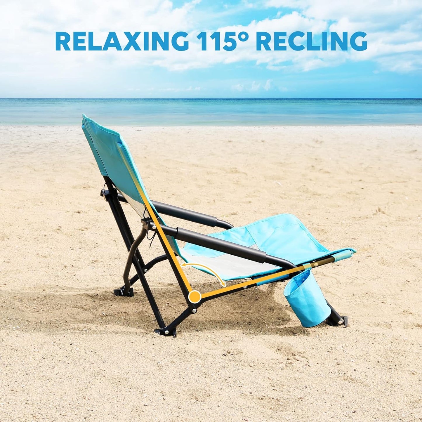 TOBTOS Low Beach Chair for Adults 2 Pack, Low Profile Folding with Cup Holder & Carry Bag, Heavy Duty Chair for Outdoor Sand, Camping, Concert, Travel
