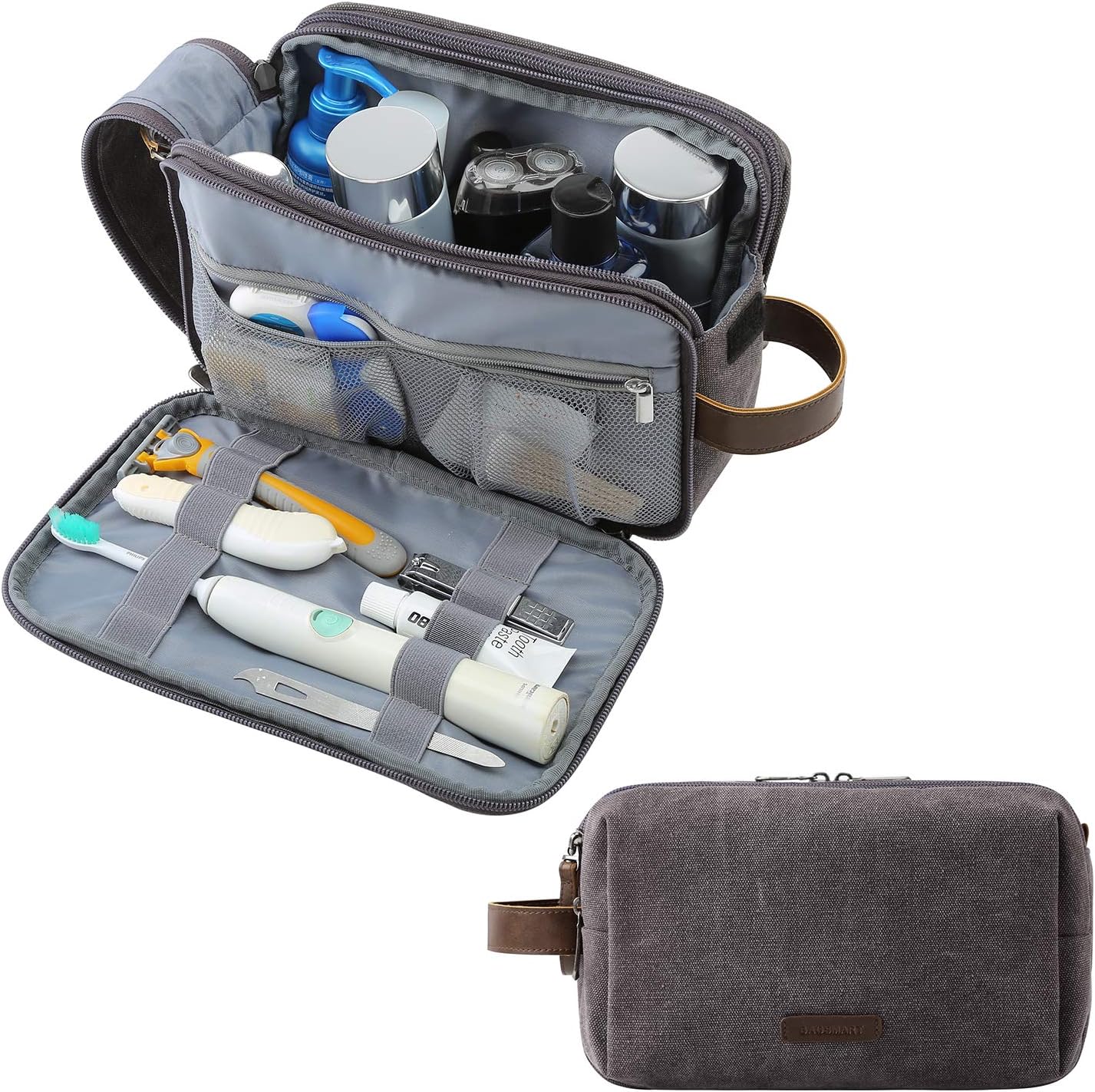 BAGSMART Toiletry Bag for Men, Canvas Travel Toiletry Organizer Dopp Kit Water-resistant Shaving Bag for Toiletries Accessories,Khaki-Medium