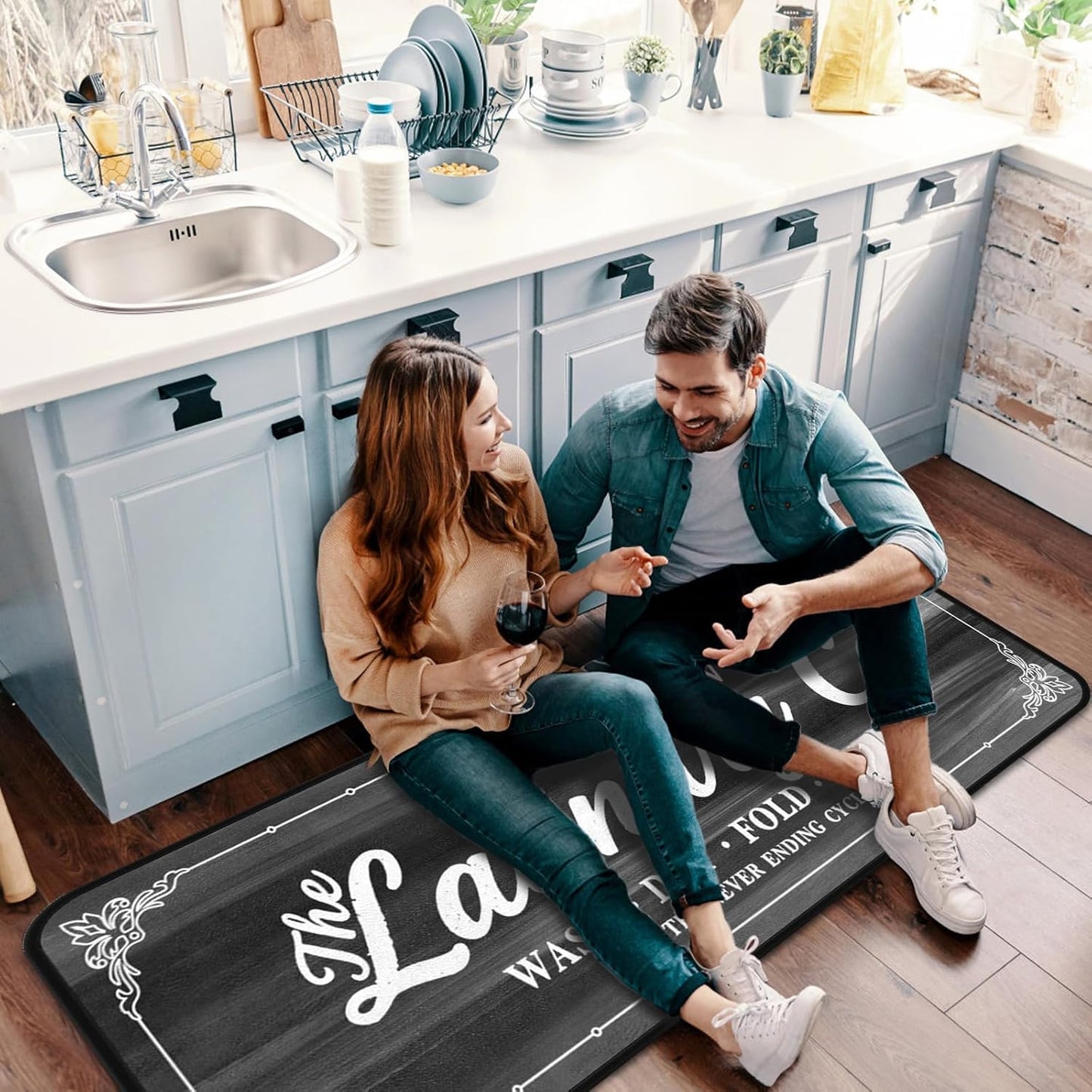 Laundry Room Long Mat Area Rug Non-Slip Floor Mat Waterproof Farmhouse Carpet for Kitchen 40" x 20" (Black/Grey)