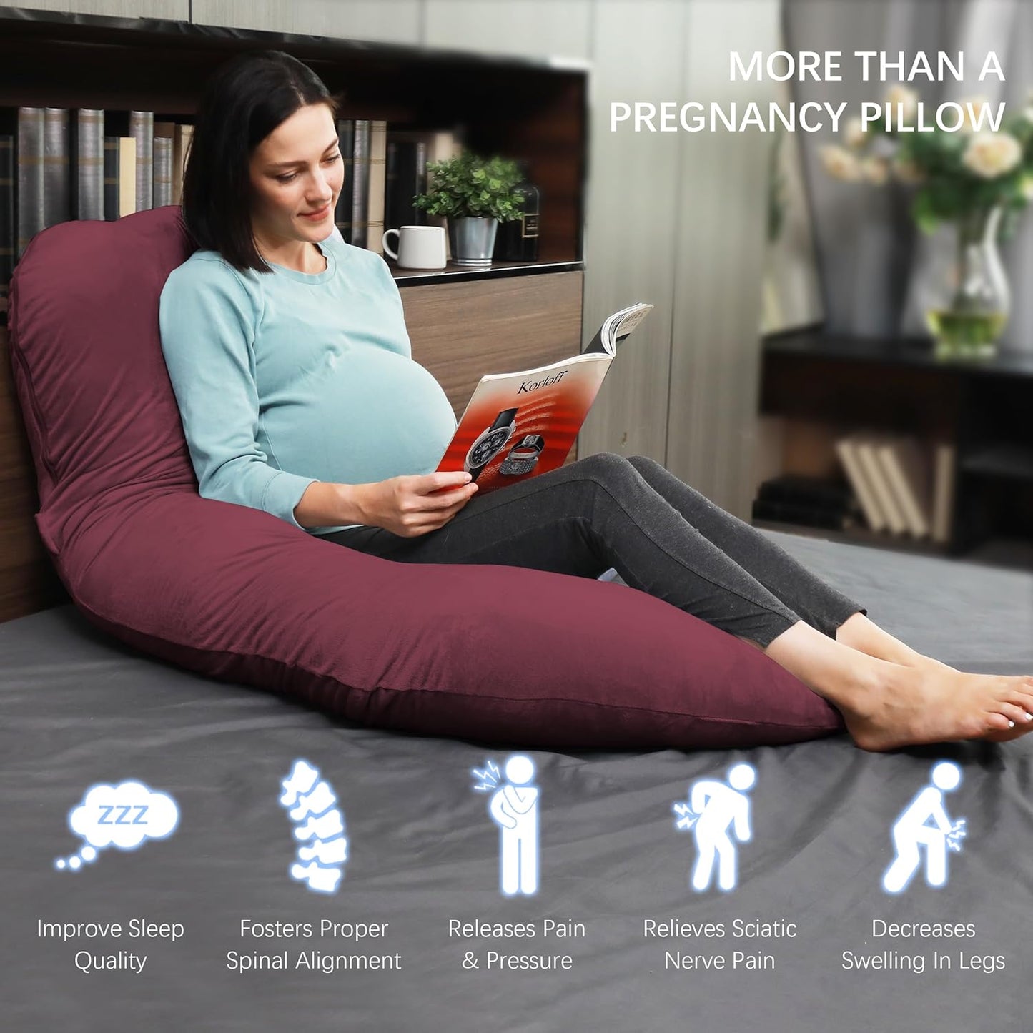 MOON PARK Pregnancy Pillows for Sleeping - U Shaped Full Body Maternity Pillow with Removable Cover - Support for Back, Legs, Belly, Hips - 57 Inch Pregnancy Pillow for Women - Burgundy