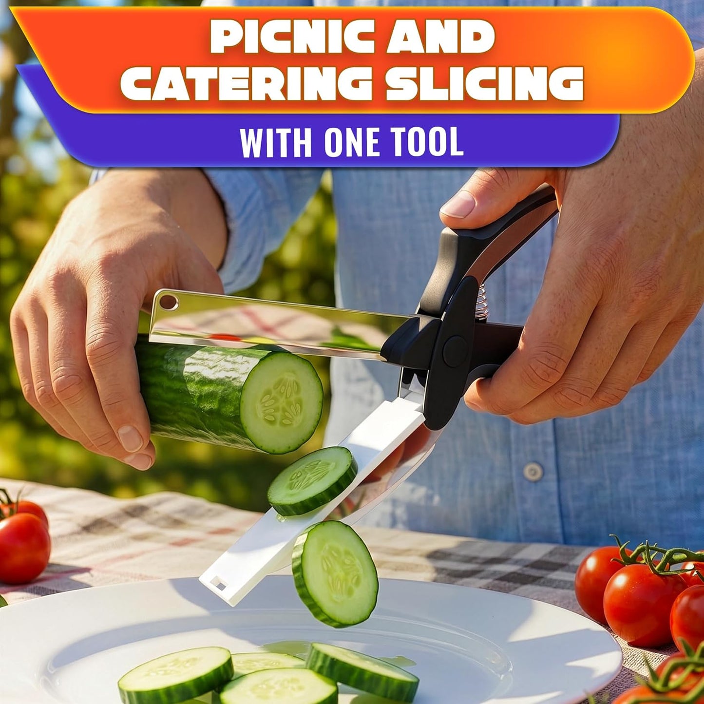 2 in 1 Kitchen Scissors for Food – Stainless Steel 9.5" Tomato Knife Chops Vegetables, Fruit, Cheese, Meat in Seconds | Dishwasher Safe Cutting Board Scissors with Safety Lock – Kitchen Gift for Dad