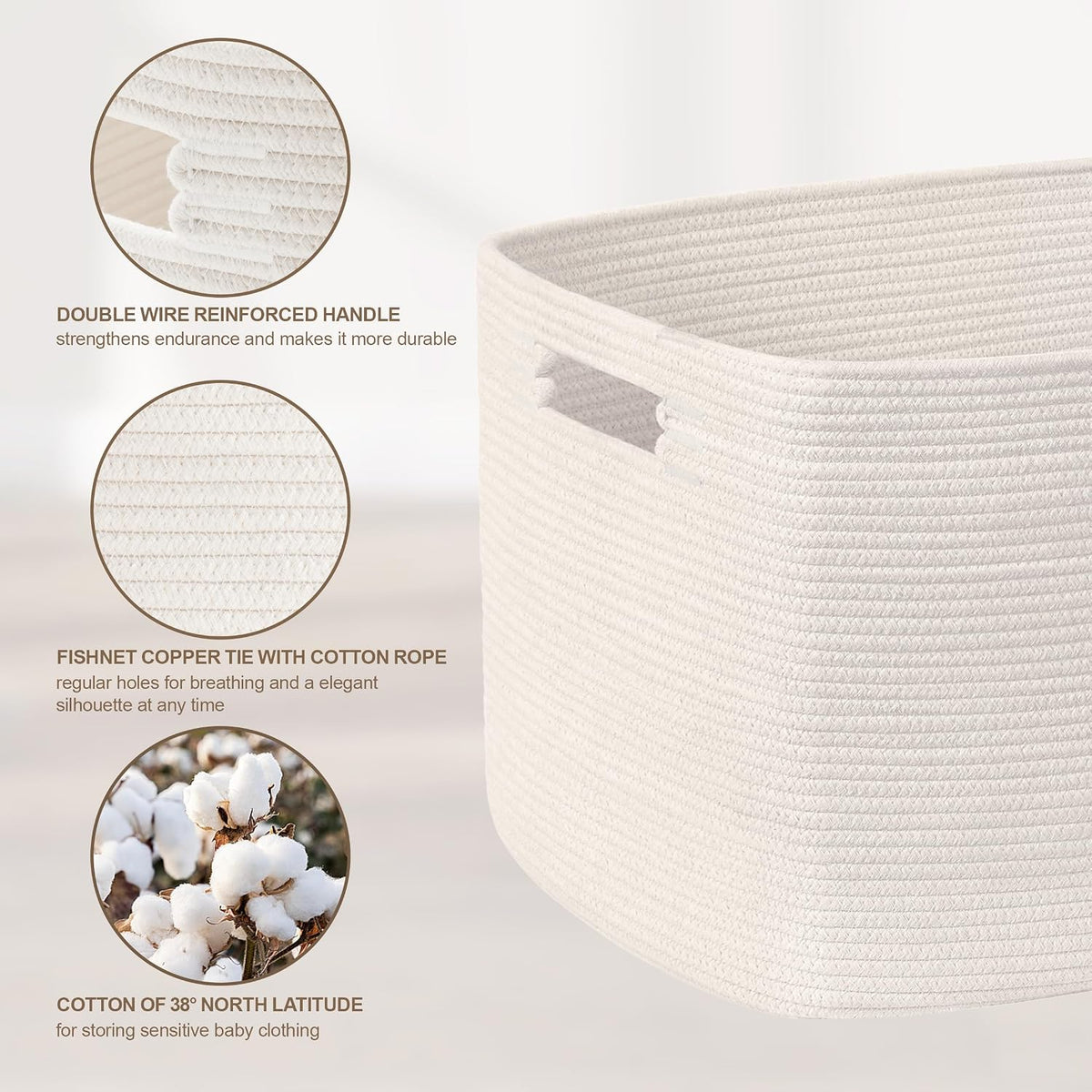 86L Large Woven Laundry Basket Hamper with Handles, White