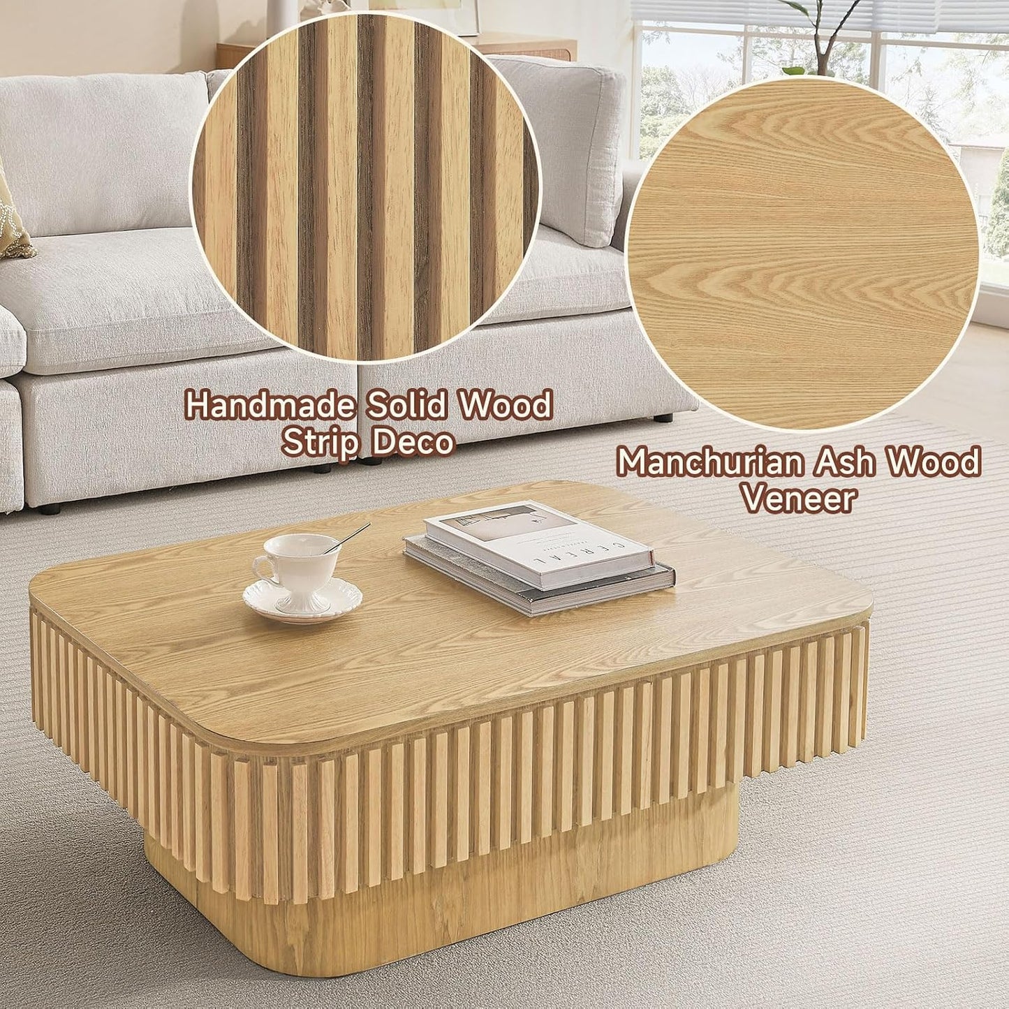 Lift Top Coffee Table for Living Room,Rectangle Handmade Solid Wood Strips, Fluted Coffee Table with Hidden Storage Compartment Small Space Office Apartment (38.6" L×26.8''W×13.8''H-Natural)