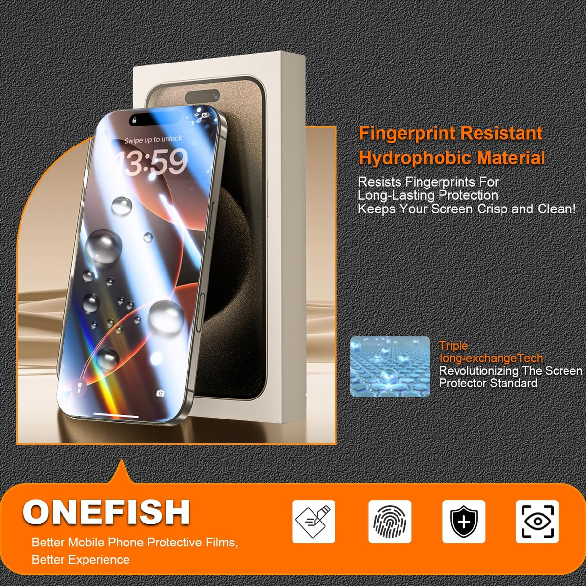 OneFish for iPhone 15Pro (6.1 inch) Tempered Glass Screen Protector 2 Pack Auto Dust-Elimination Easy Installation HD Clear Screen Protector