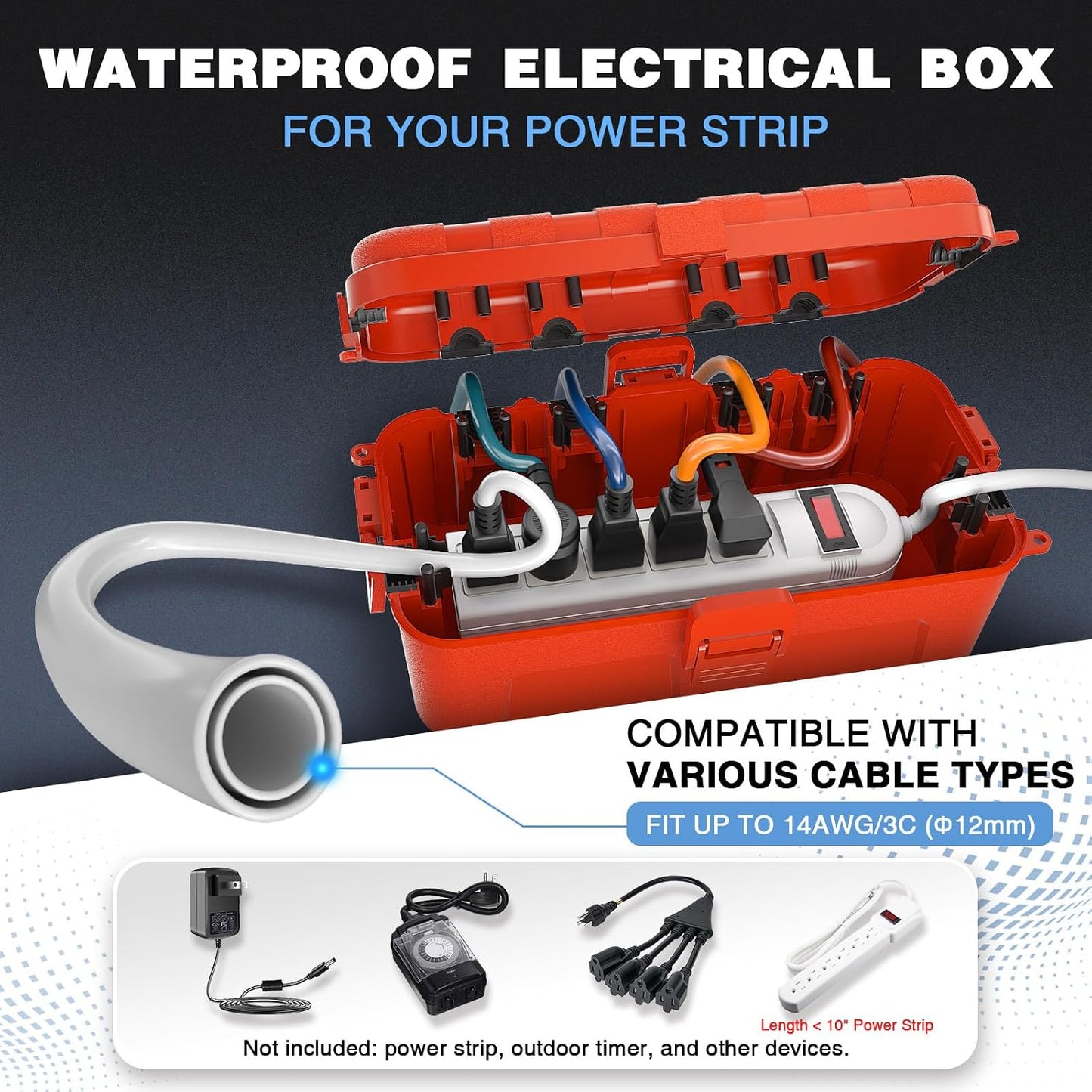 Flemoon Medium Outdoor Electrical Box, IP54 Waterproof Extension Cord Cover | Inner Size 9.4 x 4.3 x 3.2 Inch, 6 Cable Entry Ports, Weatherproof Connection Box for Outlet, Holiday Lights, Red