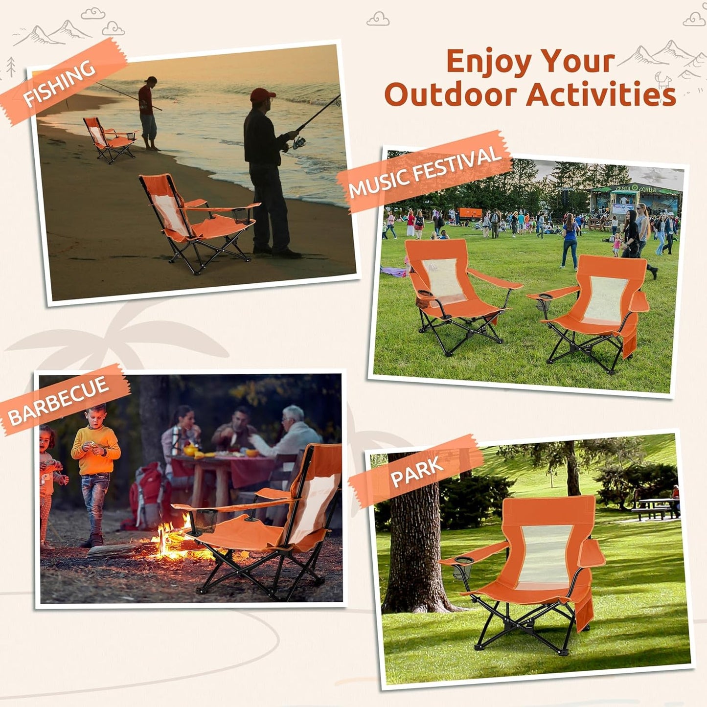 HaSteeL Folding Beach Chair Set of 2, Foldable Orange Camping Chairs for Outside, Low Beach Chair Portable for Adults Fishing, Picnic, Outdoor BBQ, Travel, Sports, Cup Holder & Storage Bag