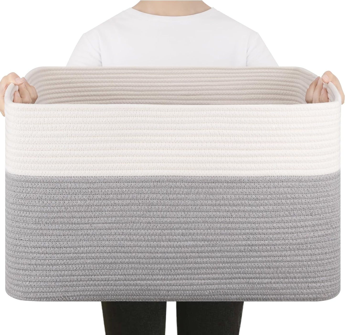 75L Large Cotton Rope Basket, Soft Toy Storage Bin for Nursery & Living Room, Decorative Blanket Basket for Bedroom, Baby-Safe Organizer for Pillows &Laundry, 22''×17''×12'', Grey and White