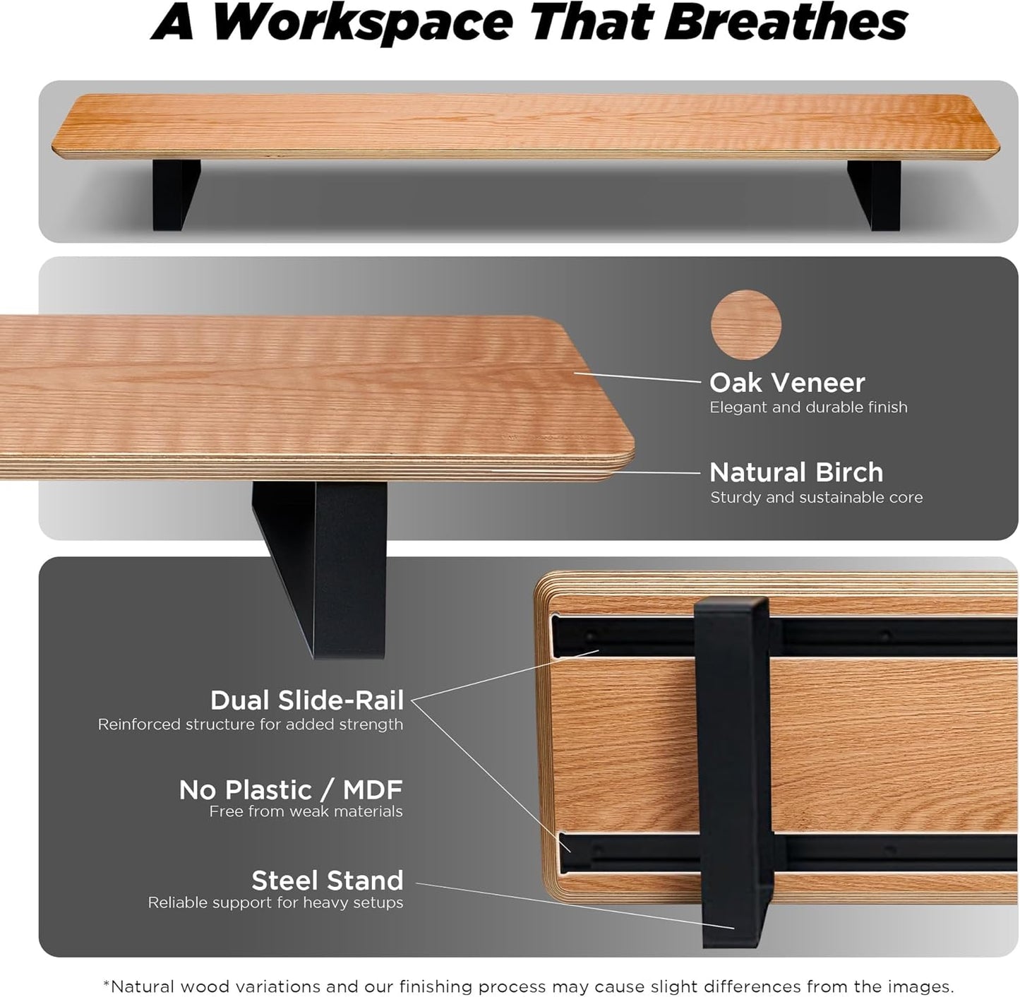 ULTRARM Moodular Wooden Monitor Stand 45.6” (116cm) Large Desk Organizer with Metal Slide Rails for Drawer, Tray, Laptop, Tablet, Phone & Headphones Customizable Riser for Organized Workspace Oak