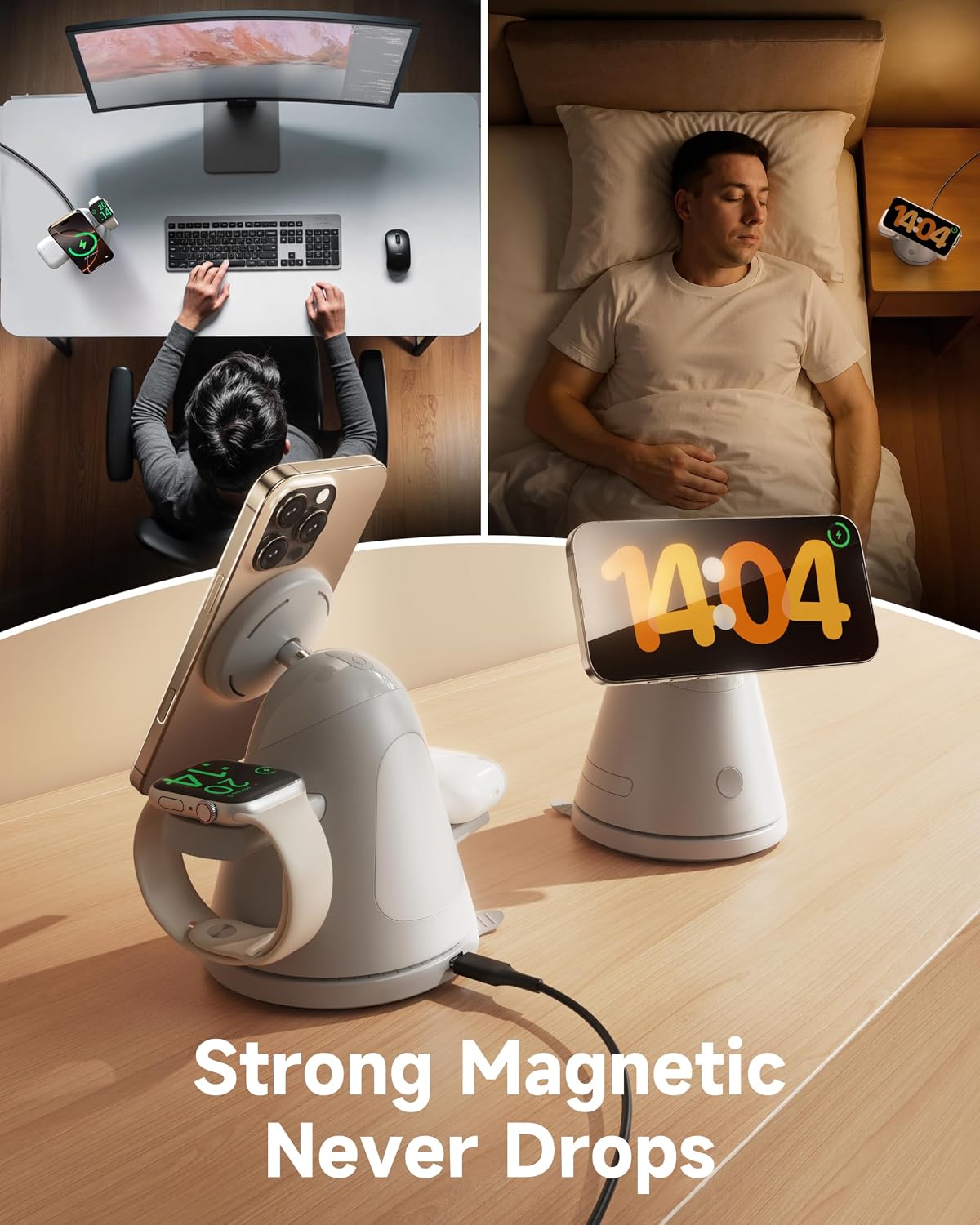 Nightstand 4-in-1 Wireless Charging Station, 15W Fast with Night Light | Wireless Charger, Magnetic Charging Stand for iPhone 17-12, Apple Watch, AirPods, motorized dock (Adapter Included)