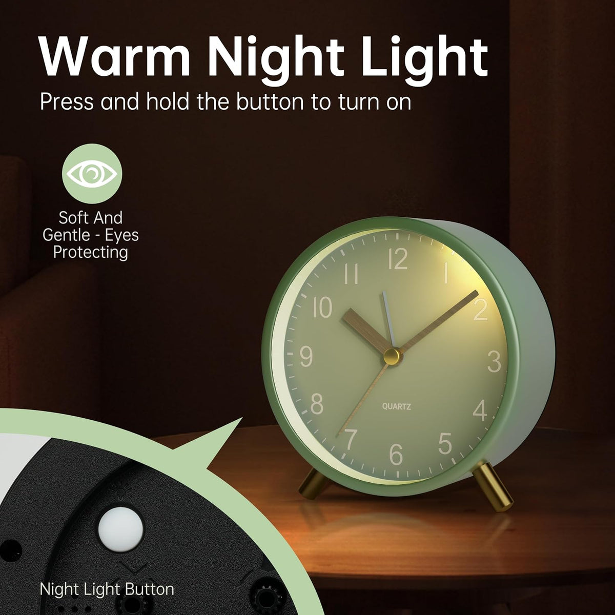 JALL Analog Alarm Clock, 4 inch Super Silent Non Ticking Small Clock with Night Light, Battery Operated, Simple Design, Easy Setting for Office, Bedroom, Bedside, Desk, Teens, Elders, Adult, Green
