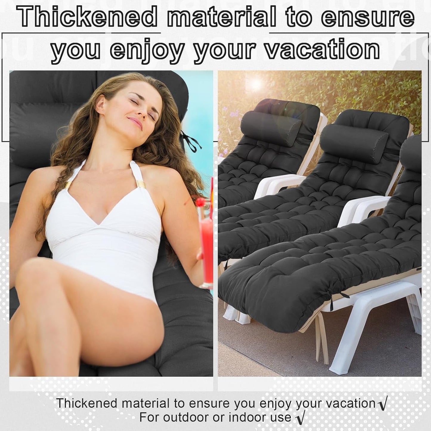 Tudomro Outdoor Chaise Lounge Cushion 66x21x4'' Waterproof & Fade-Resistant Patio Pool Chaise Lounge Cushion Headrest Pillow Tie Replacement Rocking High Back Chair(Charcoal Gray,1 Pcs)