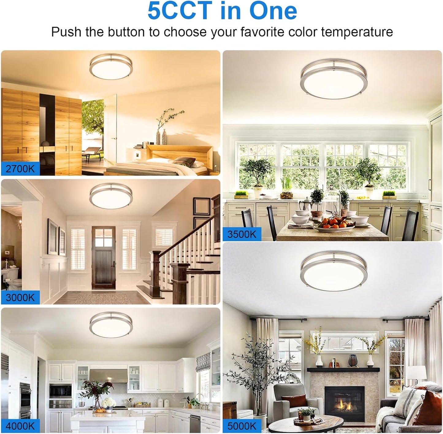 DLLT Flush Mount LED Ceiling Light: 13 Inch 5CCT (3000K-6000K) & Dimmable Ceiling Light Fixtures for Bedroom Hallway - 24W Modern Brushed Nickel Super Bright Kitchen Lighting Fixtures Ceiling