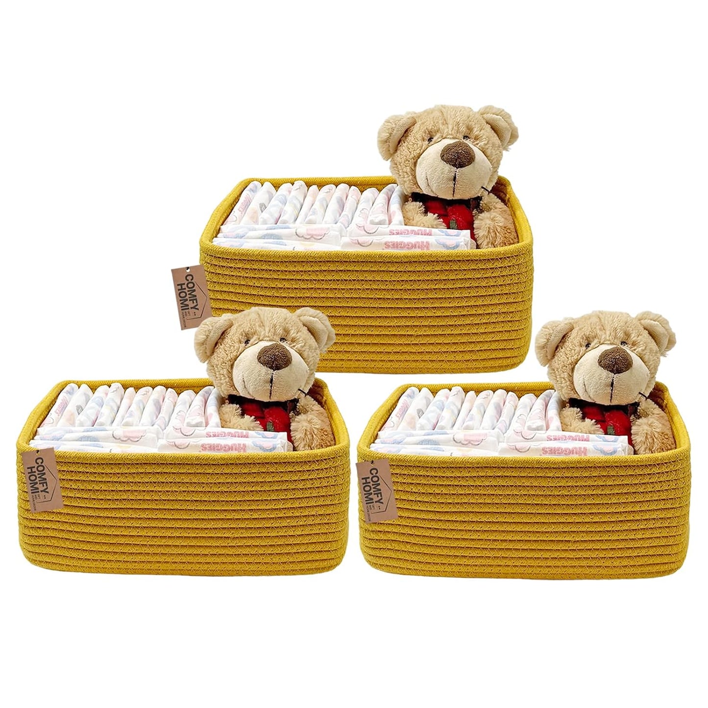 COMFY-HOMI 13" x 8.5" x 5.1" Storage Baskets for Organizing | Cotton Rope Woven Basket | Toy Storage Bin Box | Basket for Shelves, Closet Organizer Bin, Decorative Closet Shelf, 3 Pack