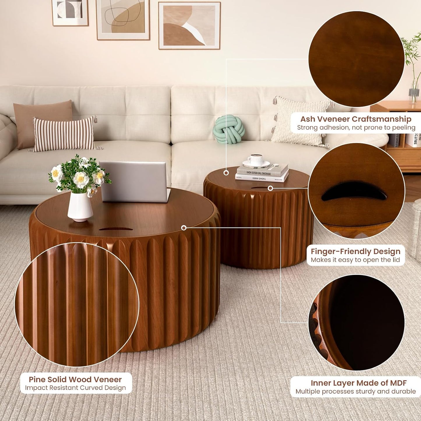 Round Fluted Nesting Coffee Table Set of 2 with Storage (Brown set of 2) | Wooden Coffee Table with Removable Lid Modern Handcraft Drum Accent End Table for Living Room Small Space Apartment