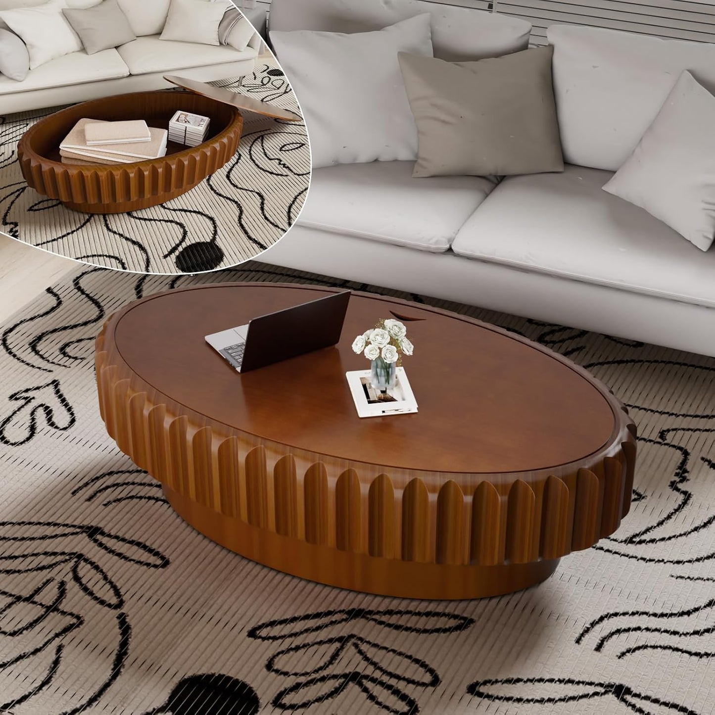 31.5'' Round Coffee Table with Storage for Living Room, Modern Circle Drum Fluted Coffee Table with Wood Veneered Circle Center Tables for Small Space Apartment (A31.5IN)