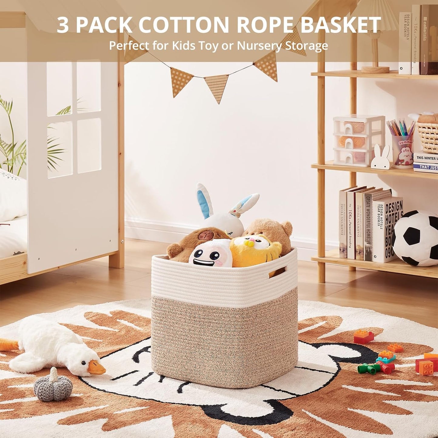 OIAHOMY 13 Inch Cube Storage Bins, 3-Pack Cotton Rope Woven Baskets for Organizing, Insert Storage Baskets for Shelves, Baby Nursery, Closet Organizer, 13 * 13 * 12.6IN, Brown & White