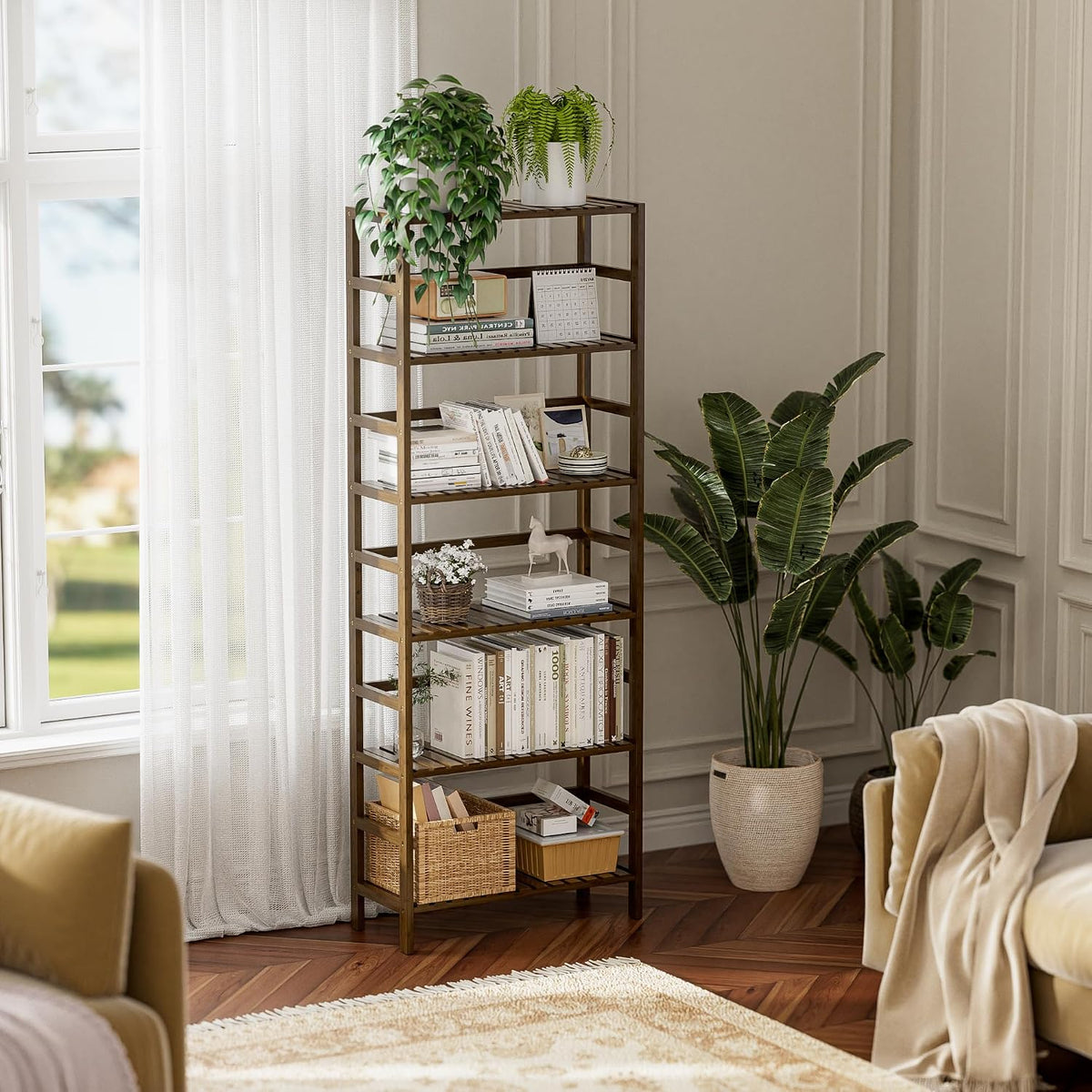 HITNET Bookcase, Bamboo Bookshelf, 6-Tier Adjustable Tall Open Book Shelf, Free Standing Storage Shelves Organizer, Flower Plant Display Stand, Walnut