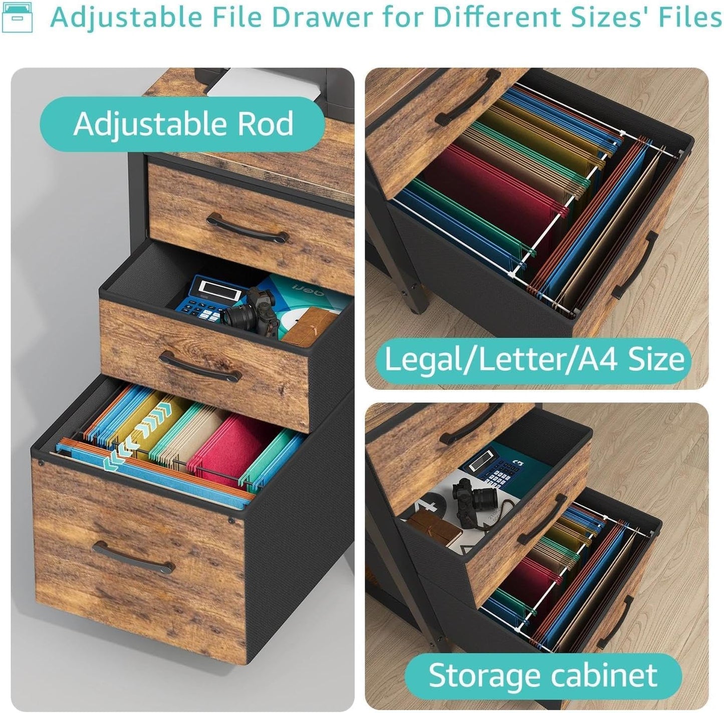 Lufeiya Computer Desk with Fabric File Drawers Cabinet, 55 Inch Reversible Home Office Desks with Filing Cabinet for Small Space, Study Writing Table PC Desks with Storage for Bedroom, Rustic Brown